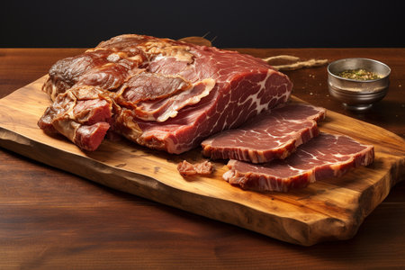 A Photorealistic Food: Close-up of Dried Beef on Wooden Boardの素材