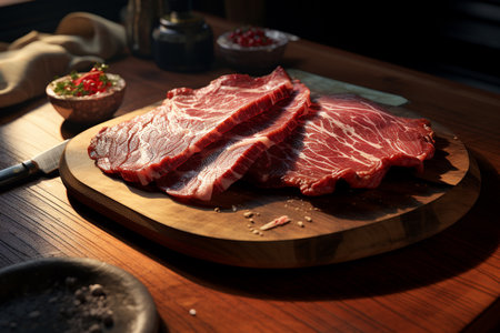A Photorealistic Food: Close-up of Dried Beef on Wooden Boardの素材