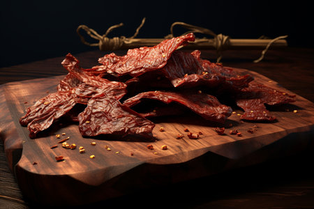 A Photorealistic Food: Close-up of Dried Beef on Wooden Boardの素材