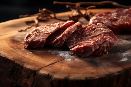 A Photorealistic Food: Close-up of Dried Beef on Wooden Boardの素材
