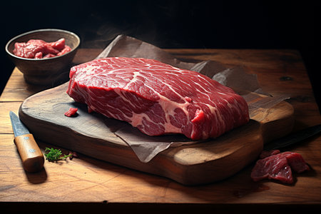 A Photorealistic Food: Close-up of Dried Beef on Wooden Boardの素材