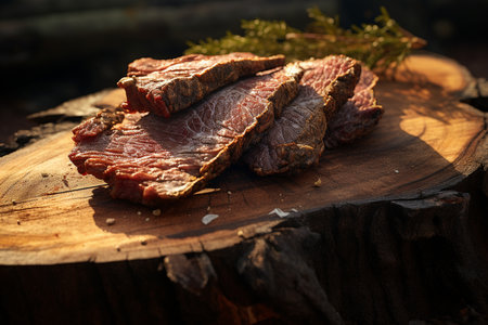 A Photorealistic Food: Close-up of Dried Beef on Wooden Boardの素材