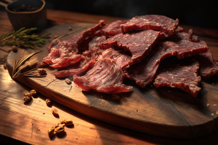 A Photorealistic Food: Close-up of Dried Beef on Wooden Boardの素材