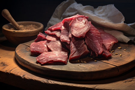 A Photorealistic Food: Close-up of Dried Beef on Wooden Boardの素材