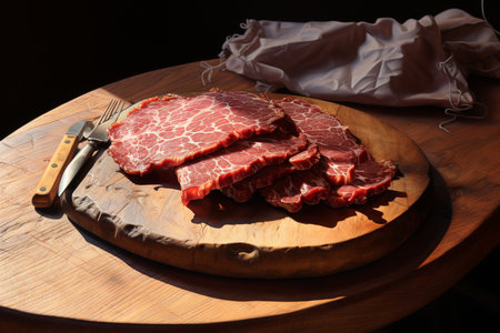 A Photorealistic Food: Close-up of Dried Beef on Wooden Boardの素材