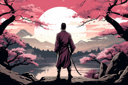 An Anime People: Young Samurai Ready with Katana on Cherry Blossom Hillの素材