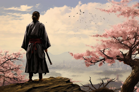 An Anime People: Young Samurai Ready with Katana on Cherry Blossom Hillの素材