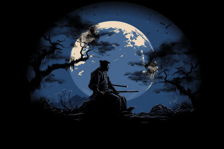 An Silhouette Art: Samurai Meditating Under a Full Moonの素材