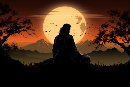 An Silhouette Art: Samurai Meditating Under a Full Moonの素材