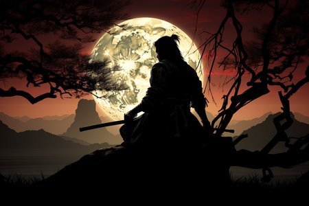 An Silhouette Art: Samurai Meditating Under a Full Moonの素材