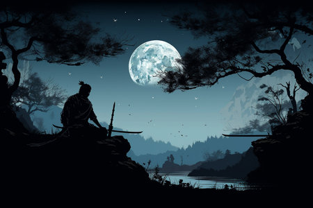 An Silhouette Art: Samurai Meditating Under a Full Moonの素材