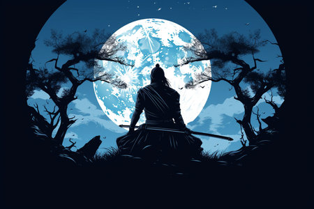 An Silhouette Art: Samurai Meditating Under a Full Moonの素材