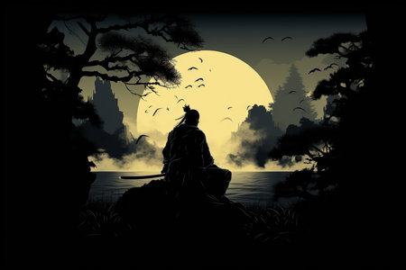 An Silhouette Art: Samurai Meditating Under a Full Moonの素材