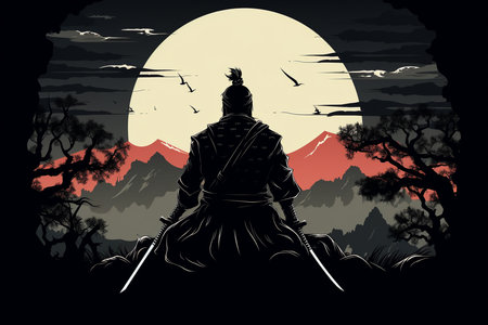 An Silhouette Art: Samurai Meditating Under a Full Moonの素材