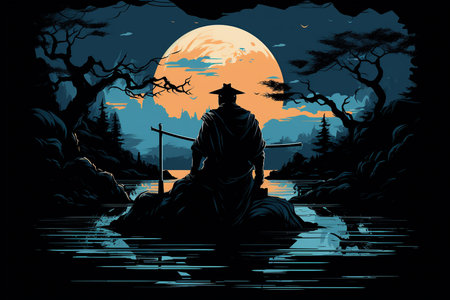 An Silhouette Art: Samurai Meditating Under a Full Moonの素材