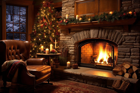 On a snowy Christmas Eve, Noel sits by a crackling fireplace.の素材