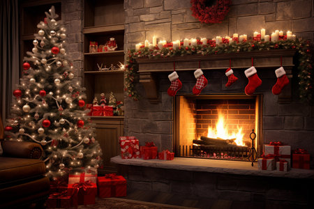 On a snowy Christmas Eve, Noel sits by a crackling fireplace.の素材