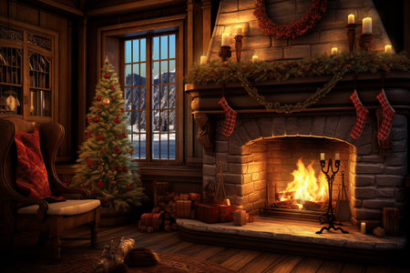 On a snowy Christmas Eve, Noel sits by a crackling fireplace.の素材