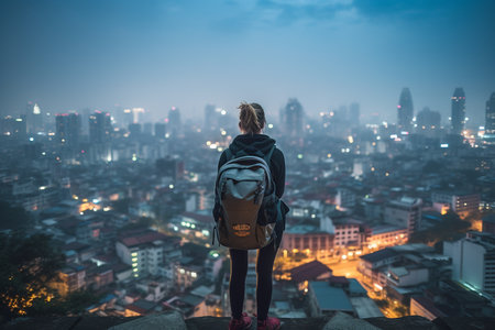 Dusk Discoveries: Backpacker's Gaze upon a Foreign Skylineの素材