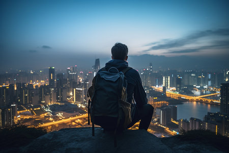 Dusk Discoveries: Backpacker's Gaze upon a Foreign Skylineの素材