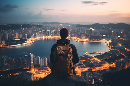 Dusk Discoveries: Backpacker's Gaze upon a Foreign Skylineの素材