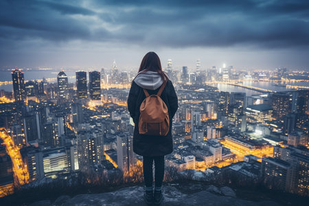 Dusk Discoveries: Backpacker's Gaze upon a Foreign Skylineの素材