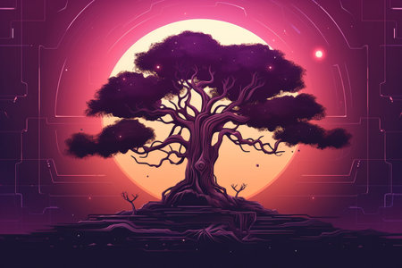 Retro-Futuristic Tree Illustration Melding Nature and Technologyの素材