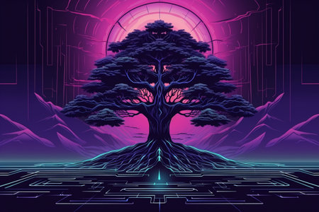 Retro-Futuristic Tree Illustration Melding Nature and Technologyの素材