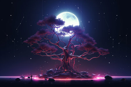 Retro-Futuristic Tree Illustration Melding Nature and Technologyの素材
