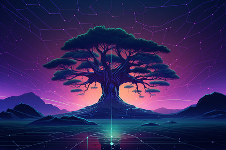 Retro-Futuristic Tree Illustration Melding Nature and Technologyの素材