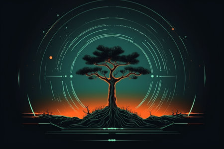Retro-Futuristic Tree Illustration Melding Nature and Technologyの素材