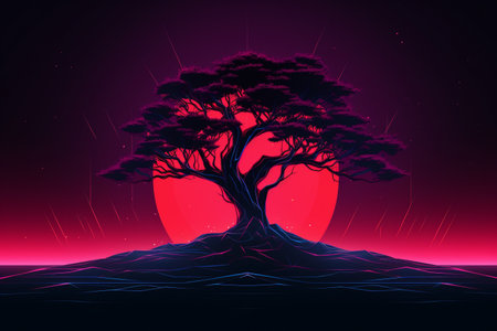 Retro-Futuristic Tree Illustration Melding Nature and Technologyの素材