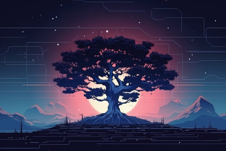 Retro-Futuristic Tree Illustration Melding Nature and Technologyの素材