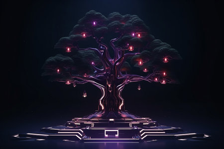 Retro-Futuristic Tree Illustration Melding Nature and Technologyの素材