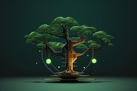 Retro-Futuristic Tree Illustration Melding Nature and Technologyの素材
