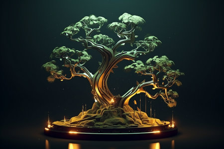 Retro-Futuristic Tree Illustration Melding Nature and Technologyの素材