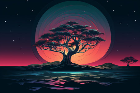 Retro-Futuristic Tree Illustration Melding Nature and Technologyの素材