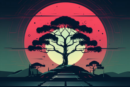 Retro-Futuristic Tree Illustration Melding Nature and Technologyの素材