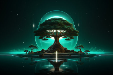 Retro-Futuristic Tree Illustration Melding Nature and Technologyの素材