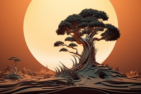 Retro-Futuristic Tree Illustration Melding Nature and Technologyの素材