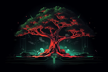Retro-Futuristic Tree Illustration Melding Nature and Technologyの素材
