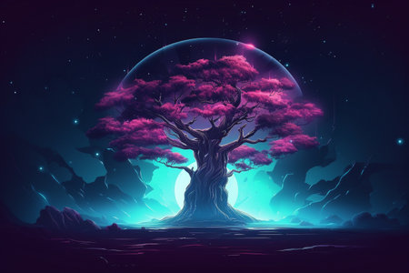 Retro-Futuristic Tree Illustration Melding Nature and Technologyの素材