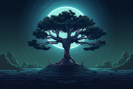 Retro-Futuristic Tree Illustration Melding Nature and Technologyの素材