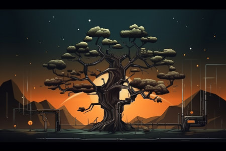 Retro-Futuristic Tree Illustration Melding Nature and Technologyの素材