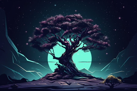 Retro-Futuristic Tree Illustration Melding Nature and Technologyの素材