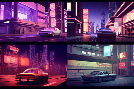 Retro-Futuristic Illustration of Japan Melding Tradition and Innovationの素材