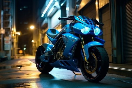 Parked Blue Motorcycle on an Urban Backstreetの写真素材