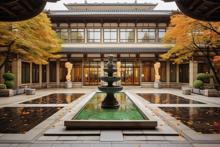 Elegant Building Entrance with Fountain and Paved Courtyardの写真素材
