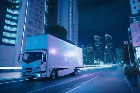 Delivery Truck on Urban Road with Apartment Buildingsの写真素材