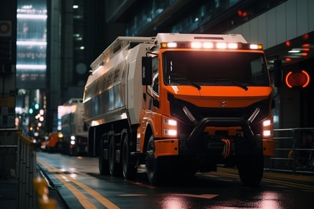 Utility Truck Parked on City Street with Traffic Conesの写真素材